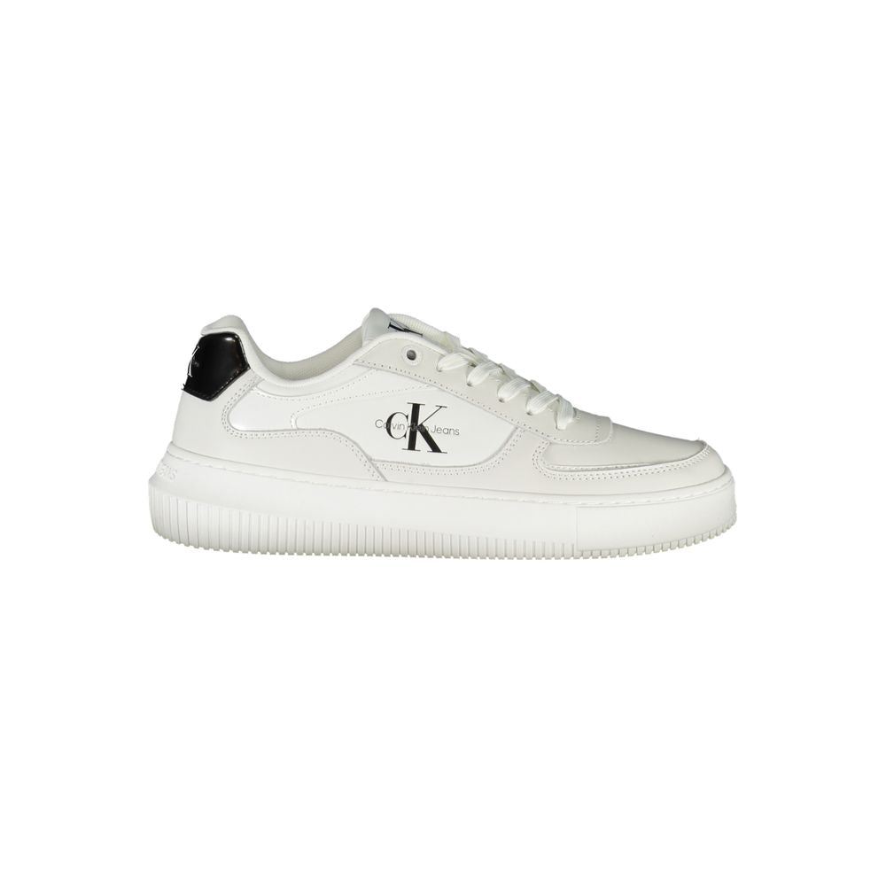 Calvin Klein Sleek White Lace-Up Sneakers with Contrast Details featuring recycled materials and branded accents.