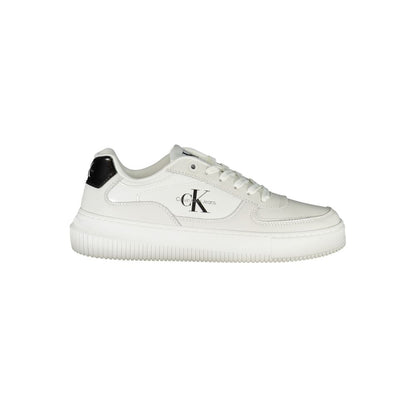 Calvin Klein Sleek White Lace-Up Sneakers with Contrast Details featuring recycled materials and branded accents.