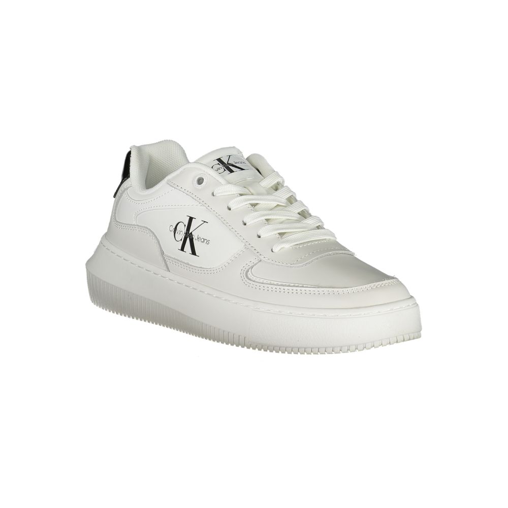 Calvin Klein Sleek White Lace-Up Sneakers with Contrast Details showcasing branded accents and eco-friendly materials.