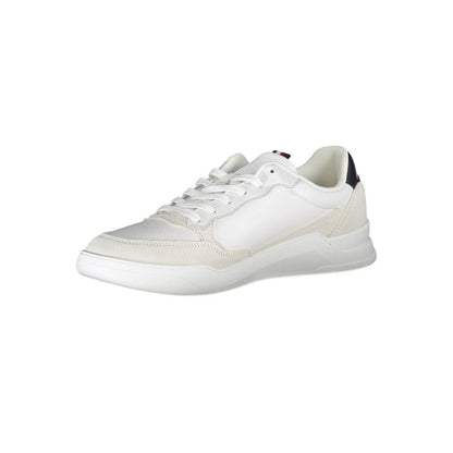 Tommy Hilfiger White Polyester Men Sneaker with contrasting details on a crisp white background, made from recycled materials.