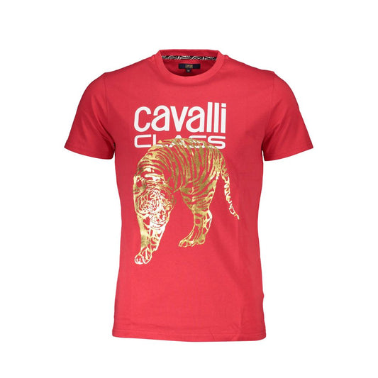 Cavalli Class Red Cotton Men T-Shirt with crew neck, short sleeves, and gold tiger print logo, exuding luxury and style.