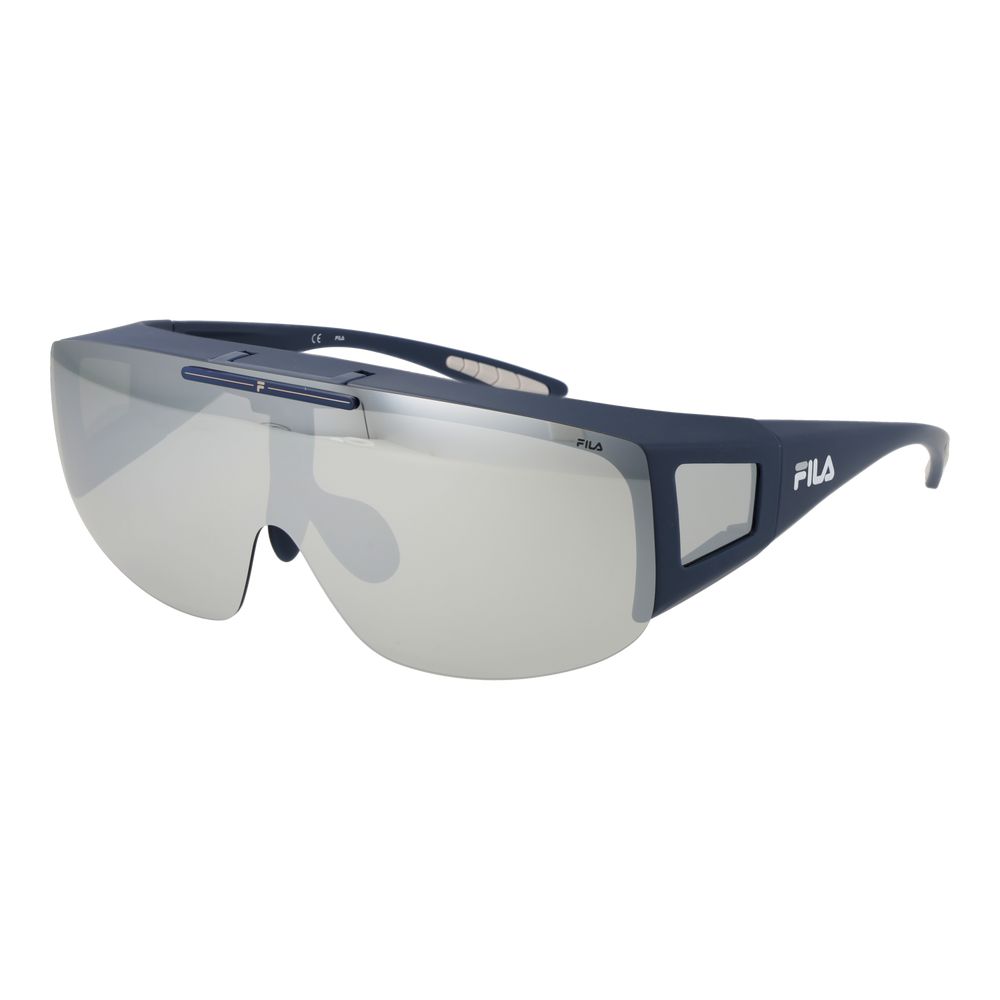 Fila Blue Men Sunglass with grey polarized mirrored lenses and bottom-rim design, offering 100% UVA & UVB protection, includes branded case.
