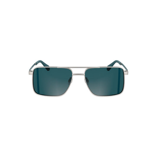 Calvin Klein Gray Metal Men Sunglass with square blue lenses and metal frame, featuring iconic logo and luxury design.