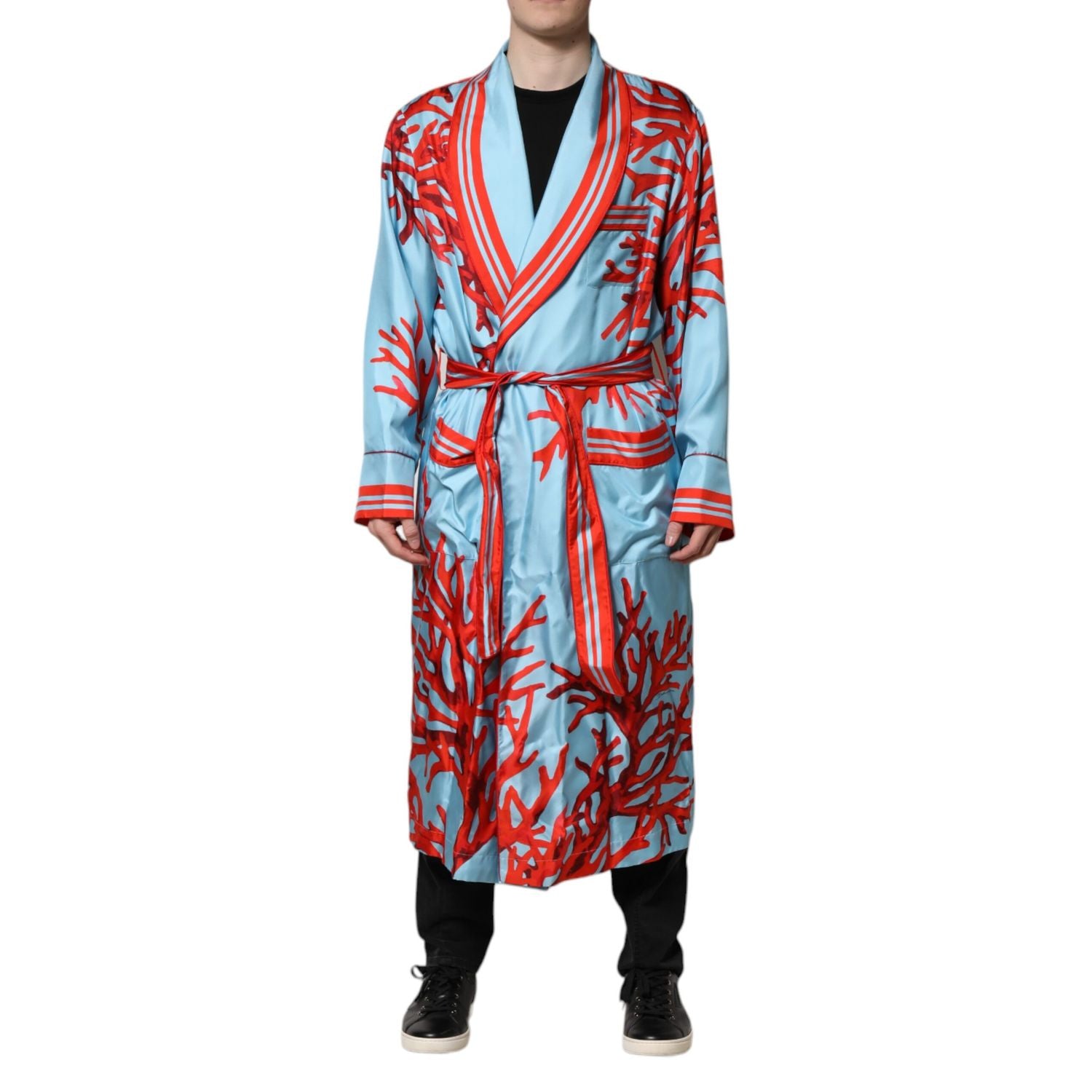 Dolce & Gabbana Blue Red Coral Print Wrap Robe Coat Jacket