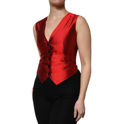 Dolce & Gabbana Red Black Button Down Sleeveless Vest Top