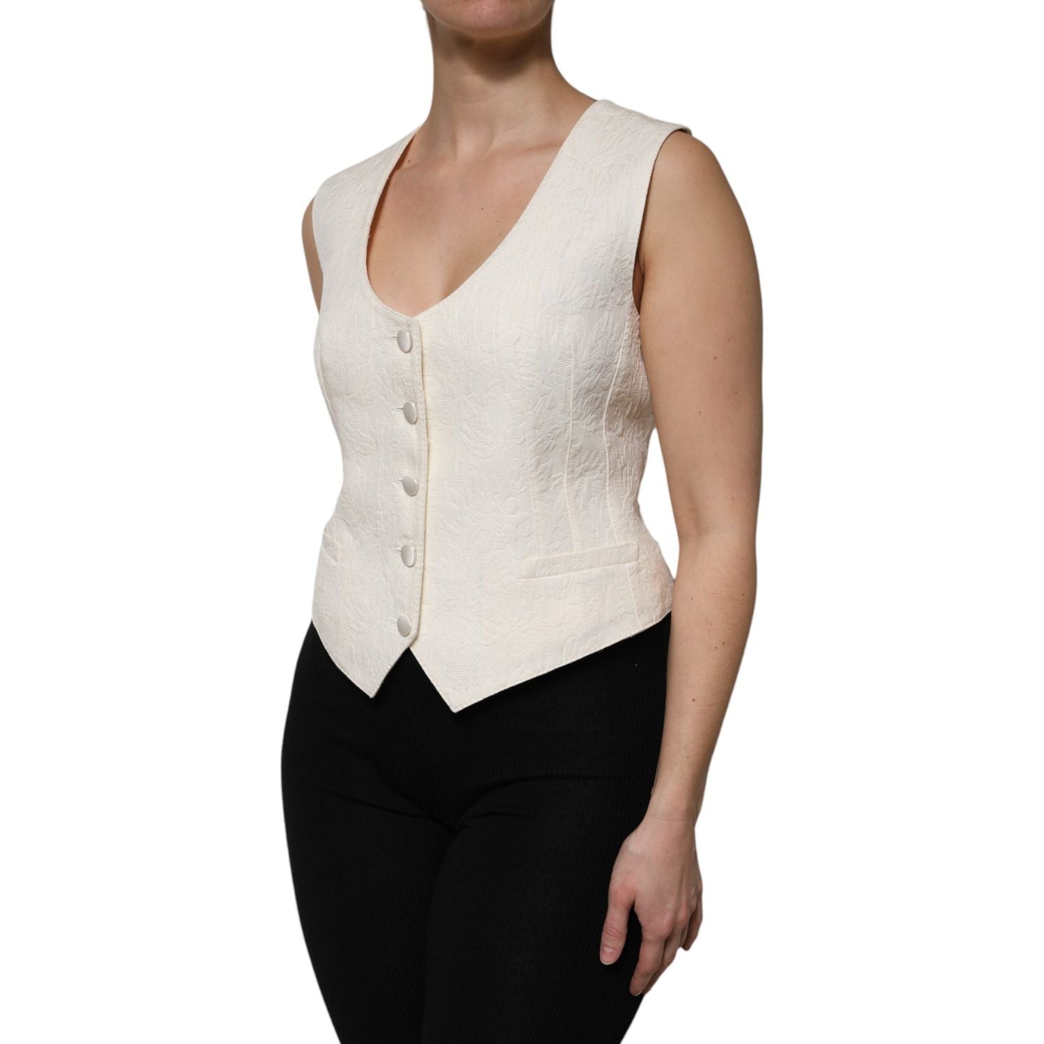 Dolce & Gabbana Ivory Cotton Button Down Sleeveless Vest Top