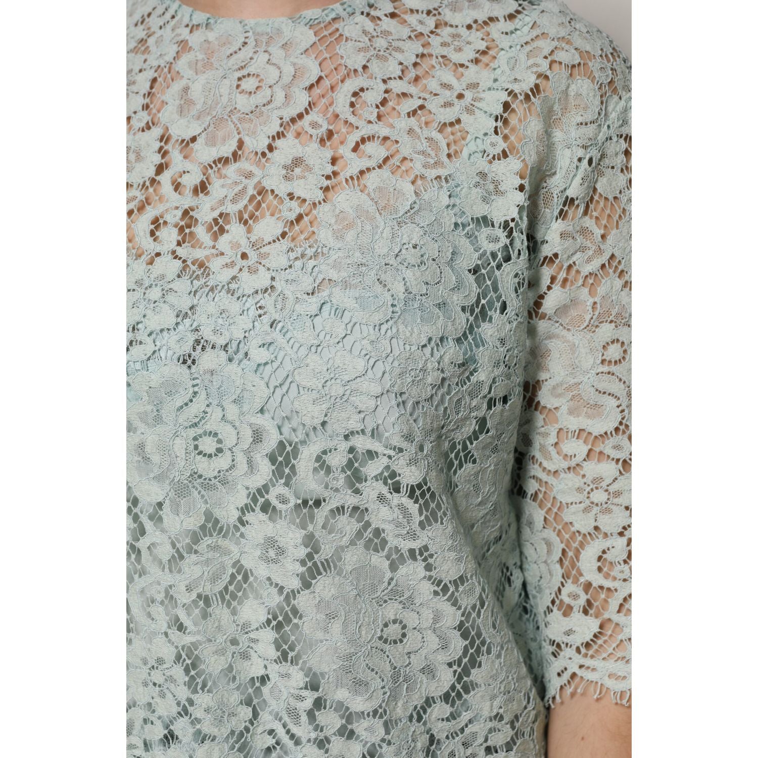 Dolce & Gabbana Mint Green Floral Lace Cotton Blouse Top