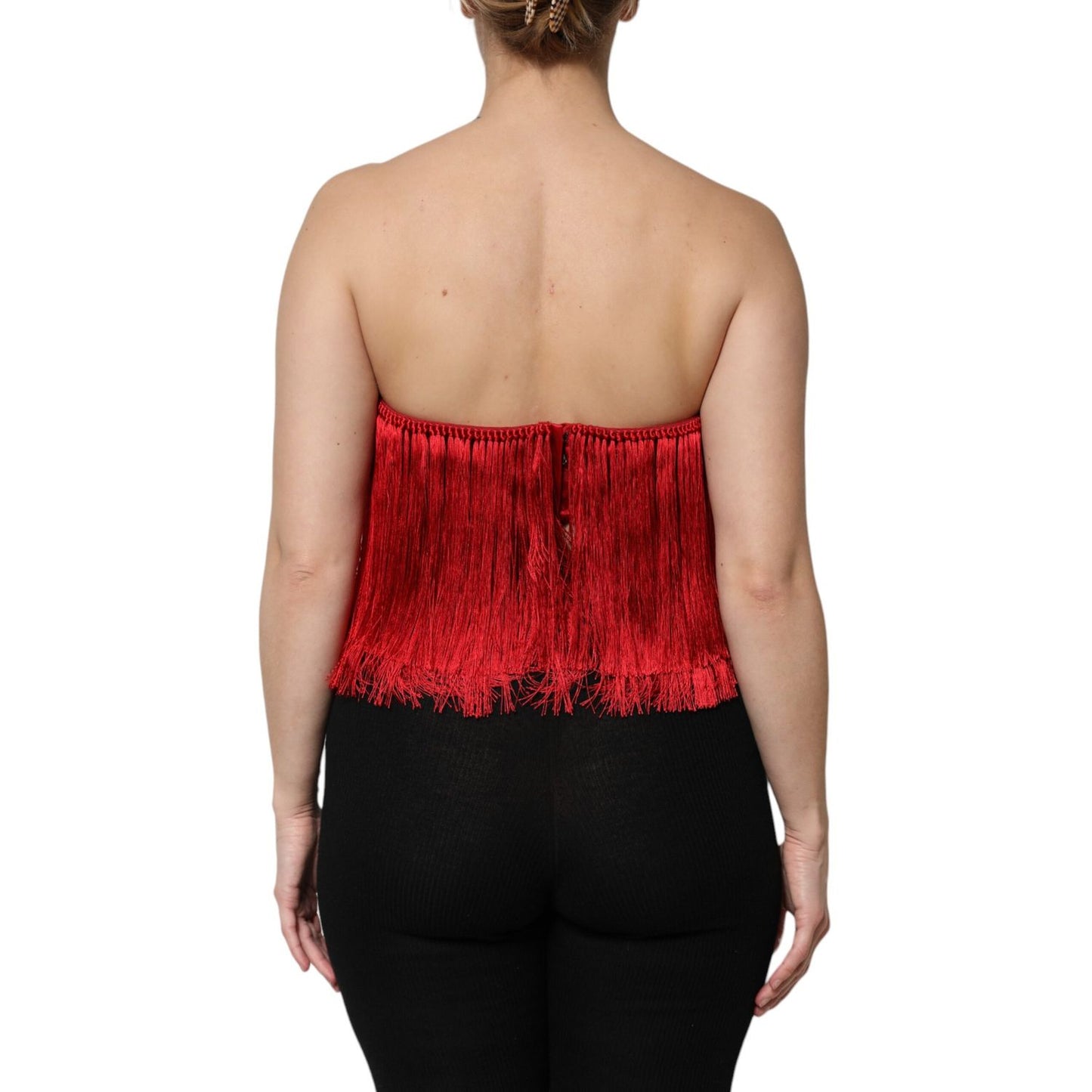 Dolce & Gabbana Red Silk Strapless Fringe Crop Tube Top