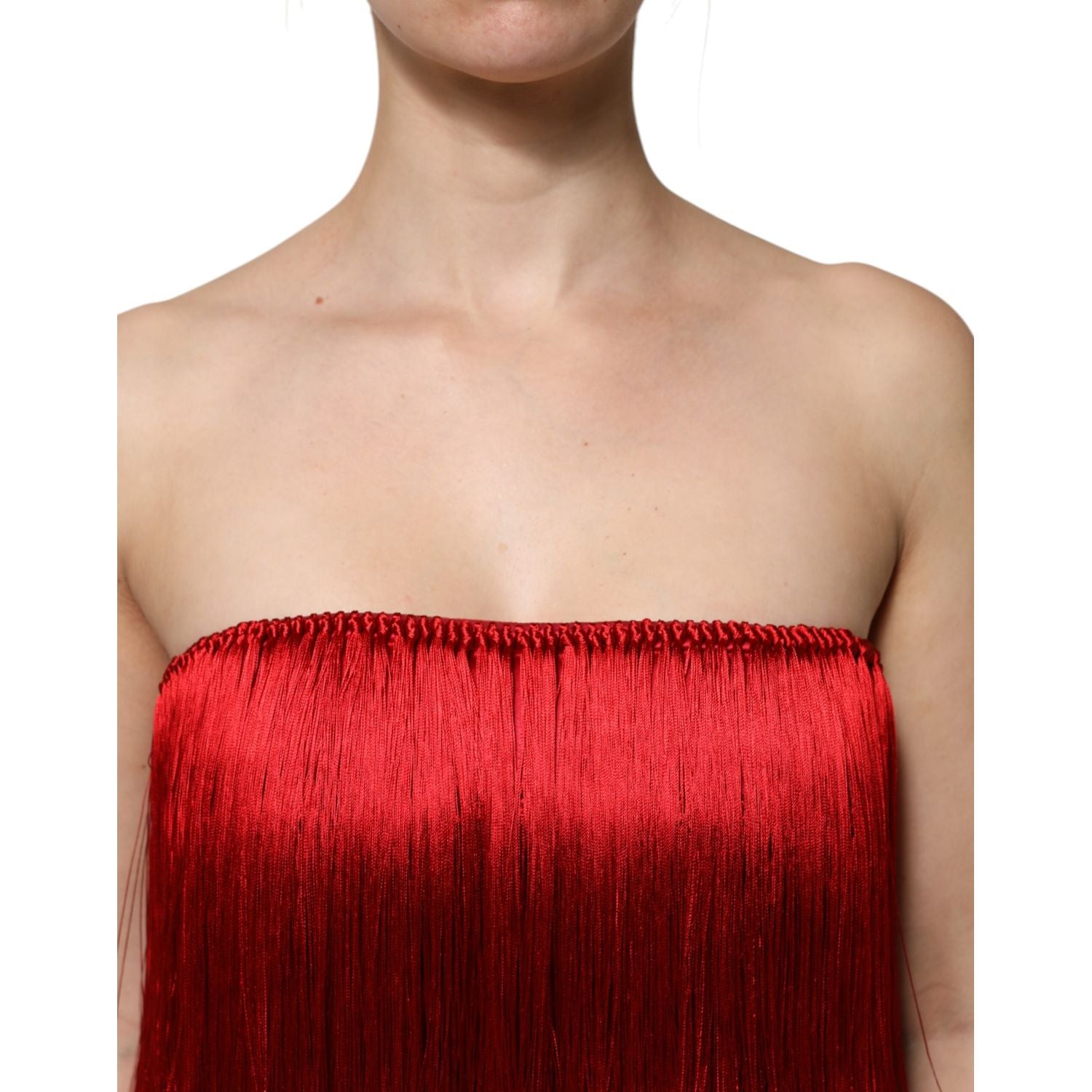 Dolce & Gabbana Red Silk Strapless Fringe Crop Tube Top
