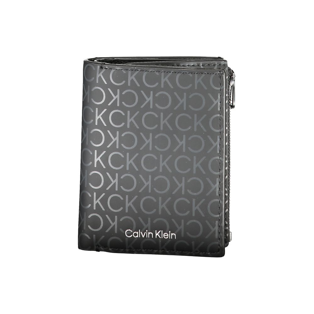 Calvin Klein Black Polyester Wallet with logo, zipper, 5 compartments, card slots, removable coin purse, RFID blocking, contrasting details.