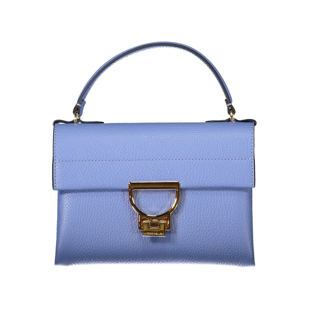 Coccinelle Light Blue Leather Women Handbag with gold twist closure, single handle, and adjustable shoulder strap on white background.