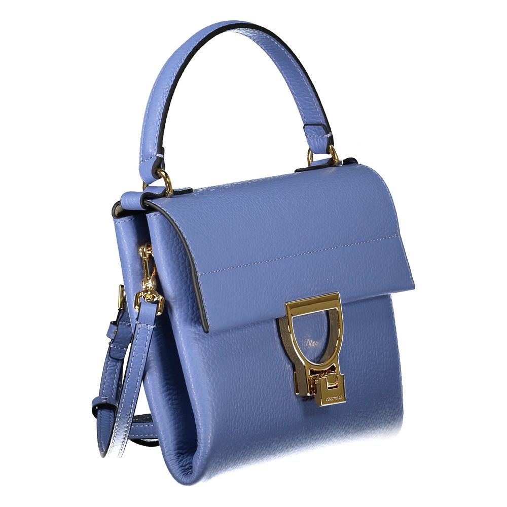 Coccinelle Light Blue Leather Women Handbag with single handle and gold twist closure for versatile style and practicality.