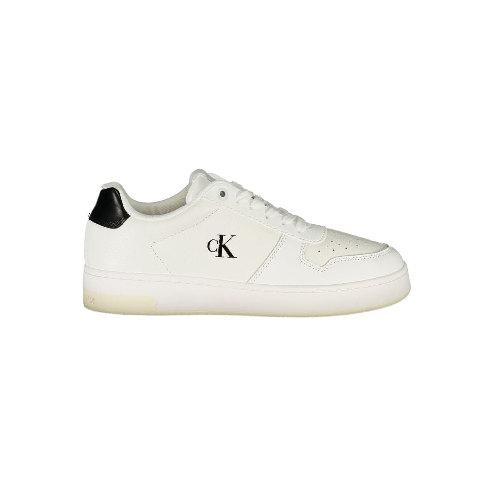 Calvin Klein White Leather Women Sneaker with black contrast and iconic logo displayed, featuring removable footbed for comfort.