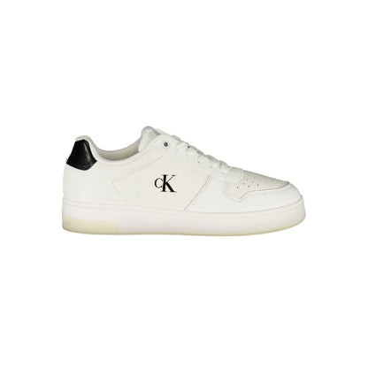 Calvin Klein White Leather Women Sneaker with black contrast and iconic logo displayed, featuring removable footbed for comfort.