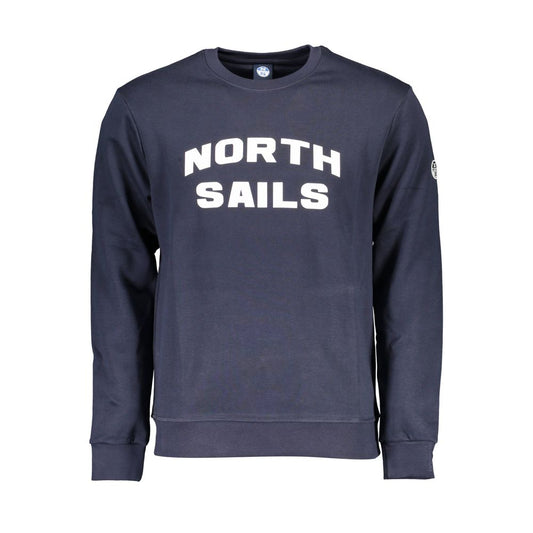 North Sails Blue Cotton Men Sweater, long-sleeve crew neck with bold logo print, blending comfort and style in a serene blue hue.