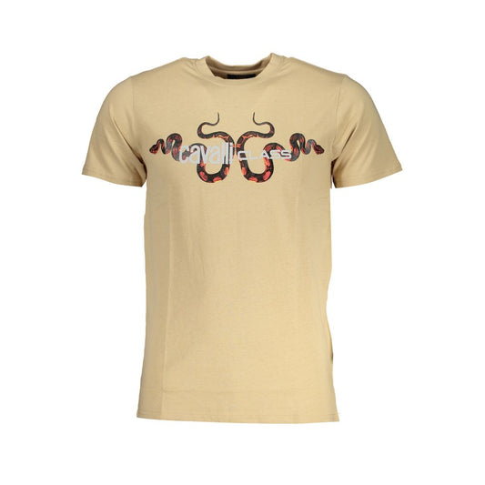 Cavalli Class Beige Cotton T-Shirt with crew neck, short sleeves, and logo print.