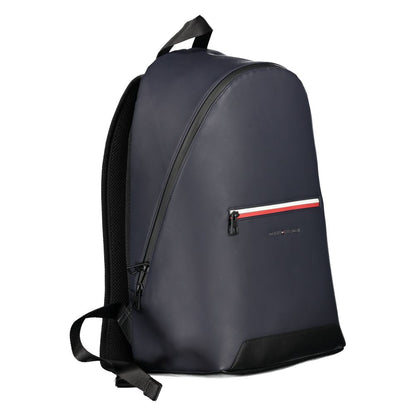 Tommy Hilfiger Blue Polyester Backpack with adjustable straps, zip closure, and logo. Features external pocket and internal document storage.