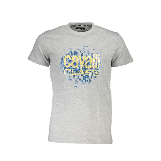 Cavalli Class Brown Cotton Men T-Shirt featuring logo on a gray background, short sleeves, crew neck, casual sophistication.