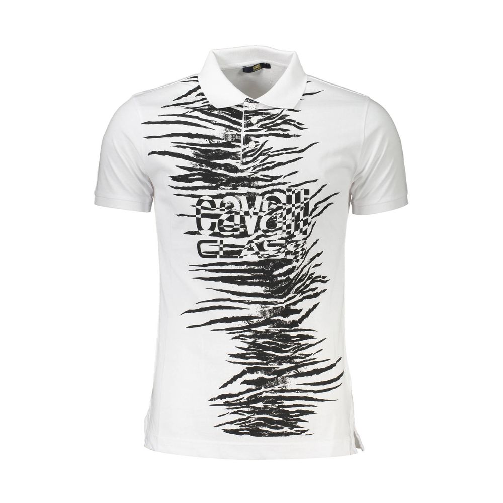Cavalli Class White Cotton Men Polo Shirt with striking print and logo, regular-fit short sleeve for modern style and comfort.