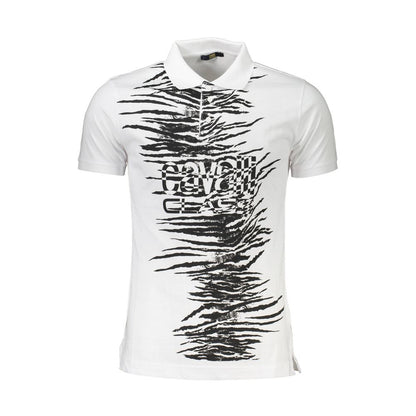 Cavalli Class White Cotton Men Polo Shirt with striking print and logo, regular-fit short sleeve for modern style and comfort.