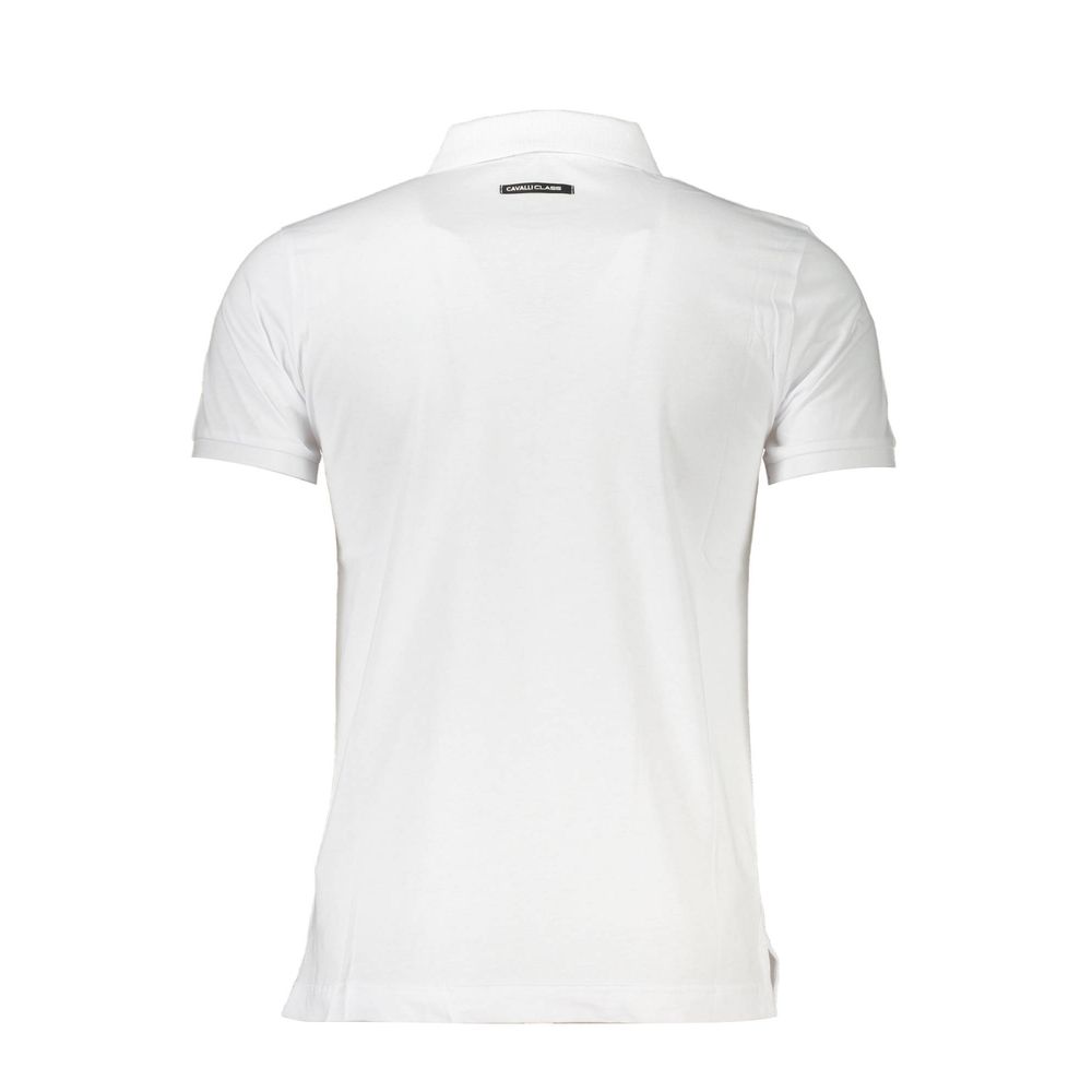 Back view of Cavalli Class White Cotton Men Polo Shirt, showcasing stylish design with iconic logo on crisp white fabric.