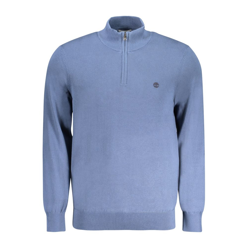 Timberland Blue Cotton Men Sweater with half-zip design, made from organic cotton, with sleek brand logo, ideal for stylish, eco-conscious wearers.