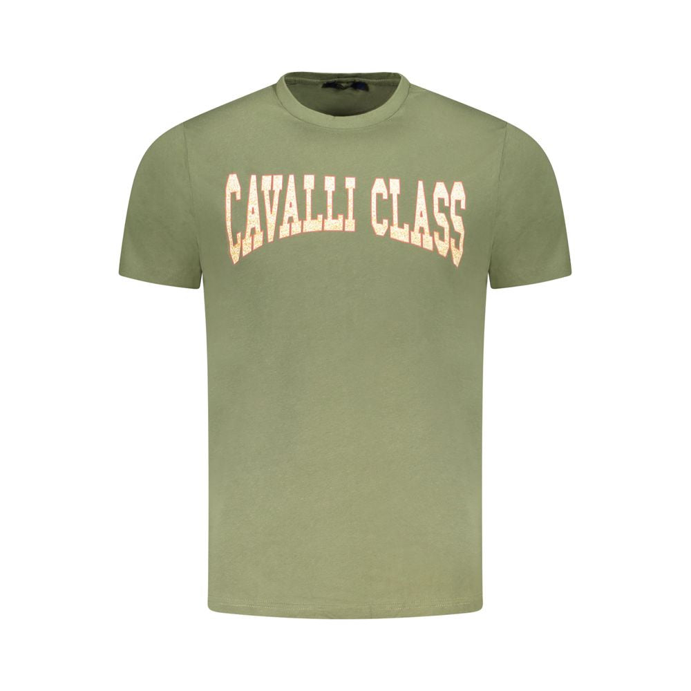 Cavalli Class Green Cotton Men T-Shirt with iconic logo and eye-catching print, perfect blend of luxury and casual style.