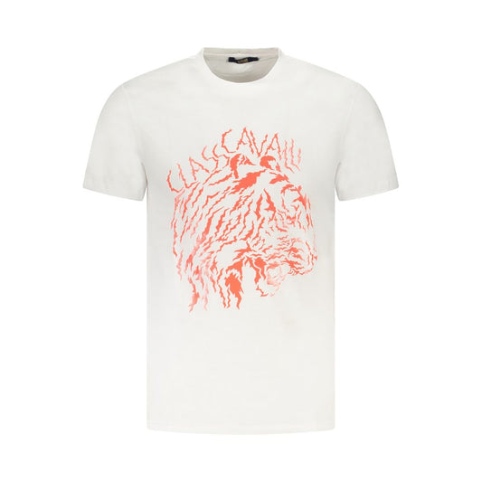 Cavalli Class White Cotton Men T-Shirt with distinctive lion print and logo on front, showcasing casual elegance and luxurious comfort.