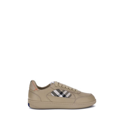 Burberry Beige Rubber Low Top Sneakers with signature Check pattern and Equestrian Knight label.