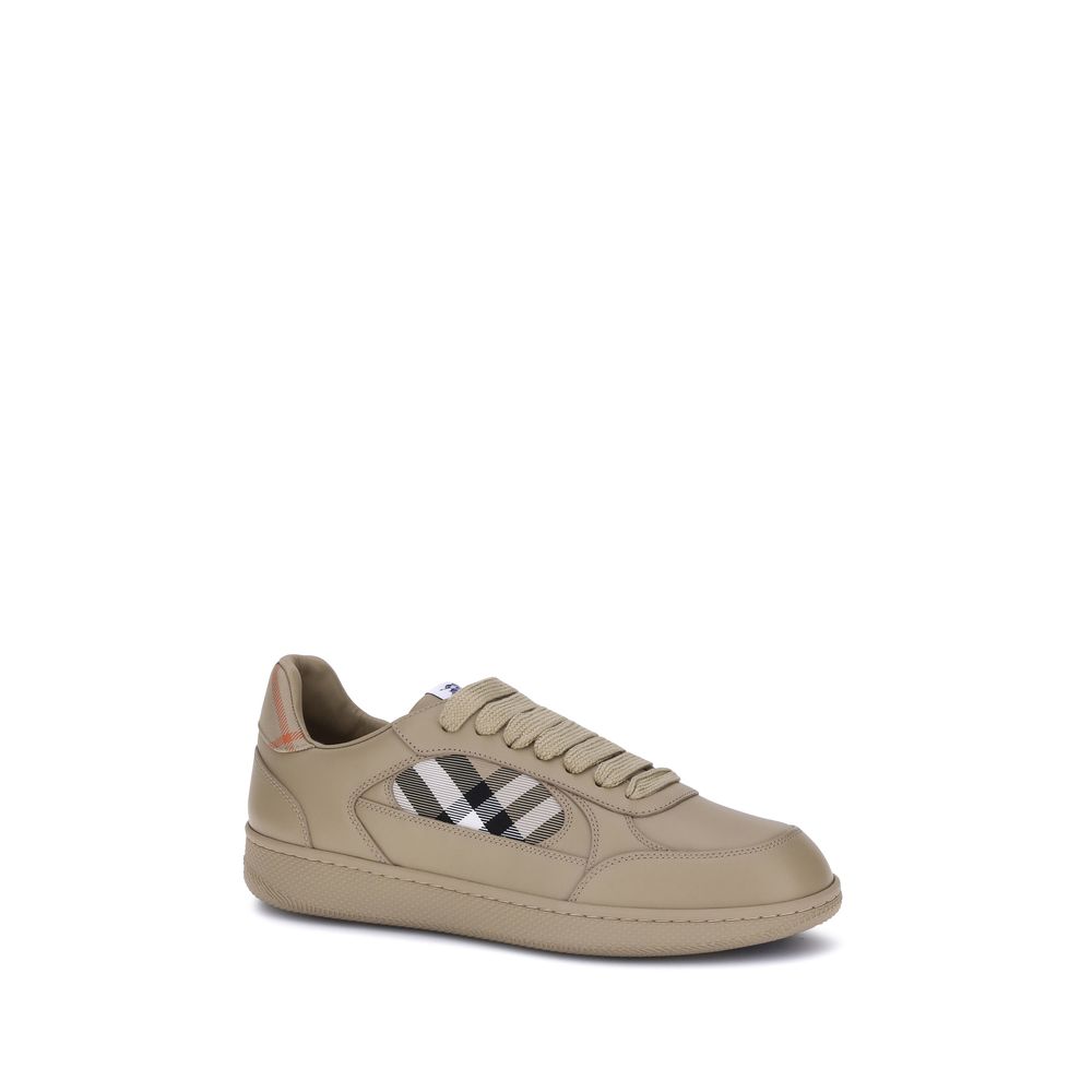 Burberry Beige Rubber Low Top Sneakers with Check pattern, padded ankle, and Equestrian Knight label.