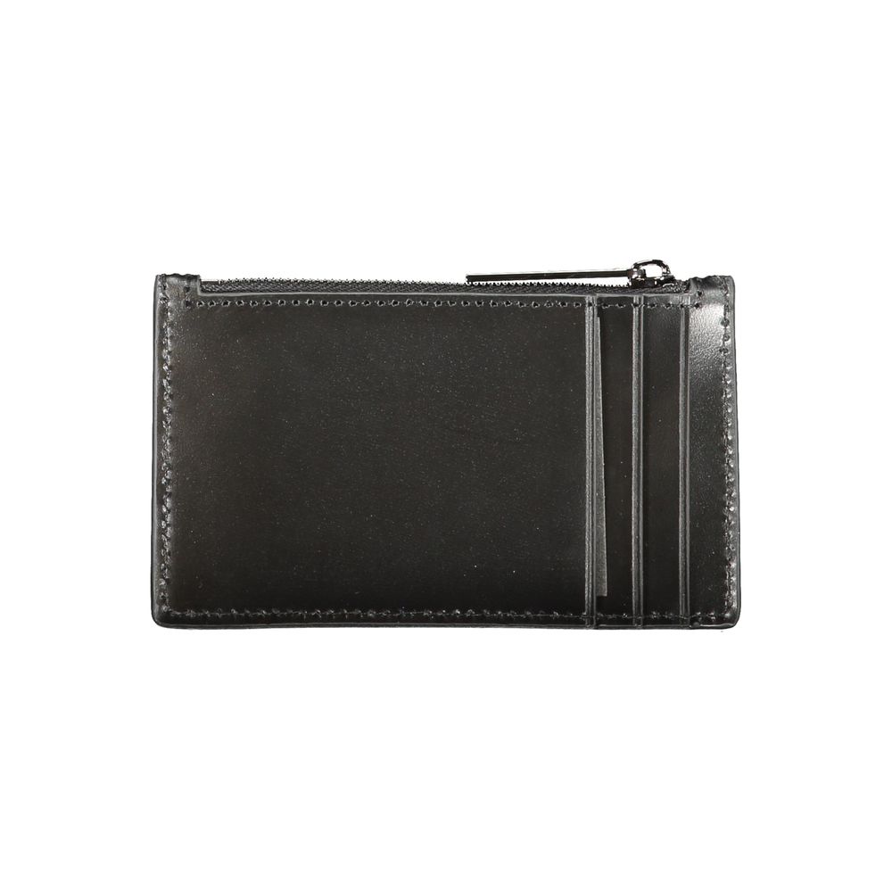 Calvin Klein Black Leather Wallet with card holder, zip pocket, card spaces, and logo.