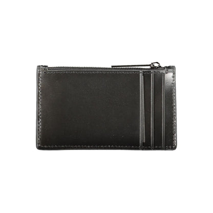 Calvin Klein Black Leather Wallet with card holder, zip pocket, card spaces, and logo.