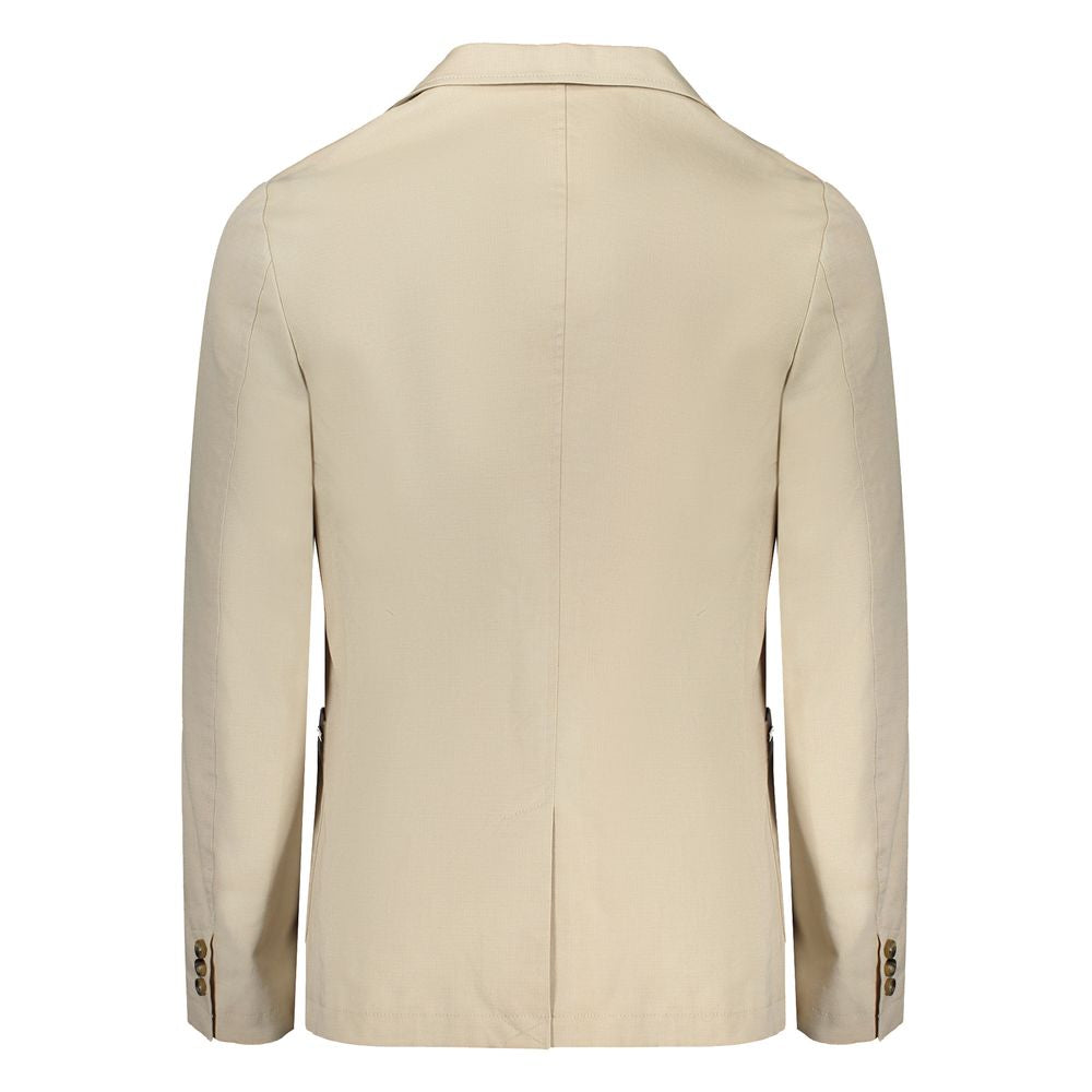 Back view of Guess Jeans Beige Cotton Men Jacket showcasing elegant design and durable fabric with button details.