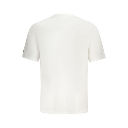 Back view of Fila White Cotton Men T-Shirt featuring 100% cotton fabric and green logo for a stylish and comfortable look.
