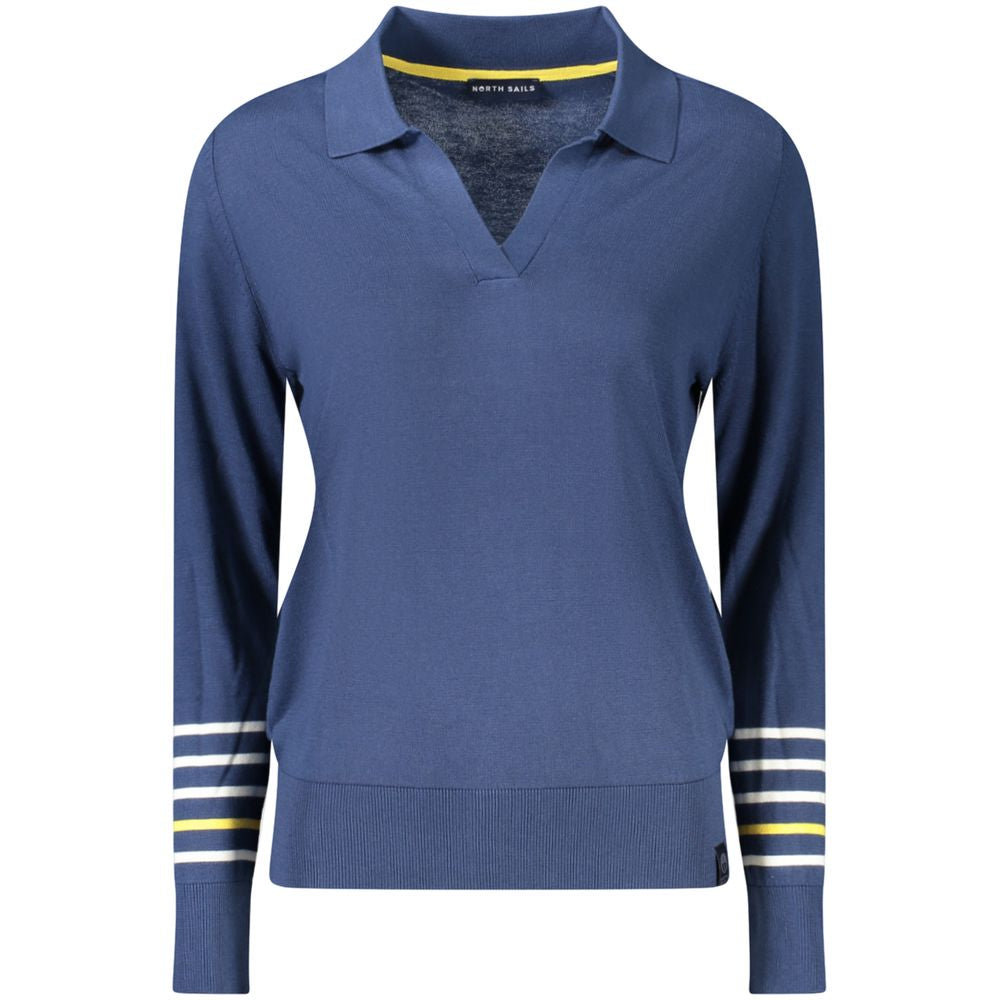 North Sails Blue Cotton Women Sweater with V-neck and stripe details, featuring the signature logo for an elegant and sophisticated look.