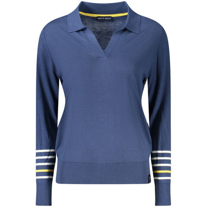 North Sails Blue Cotton Women Sweater with V-neck and stripe details, featuring the signature logo for an elegant and sophisticated look.