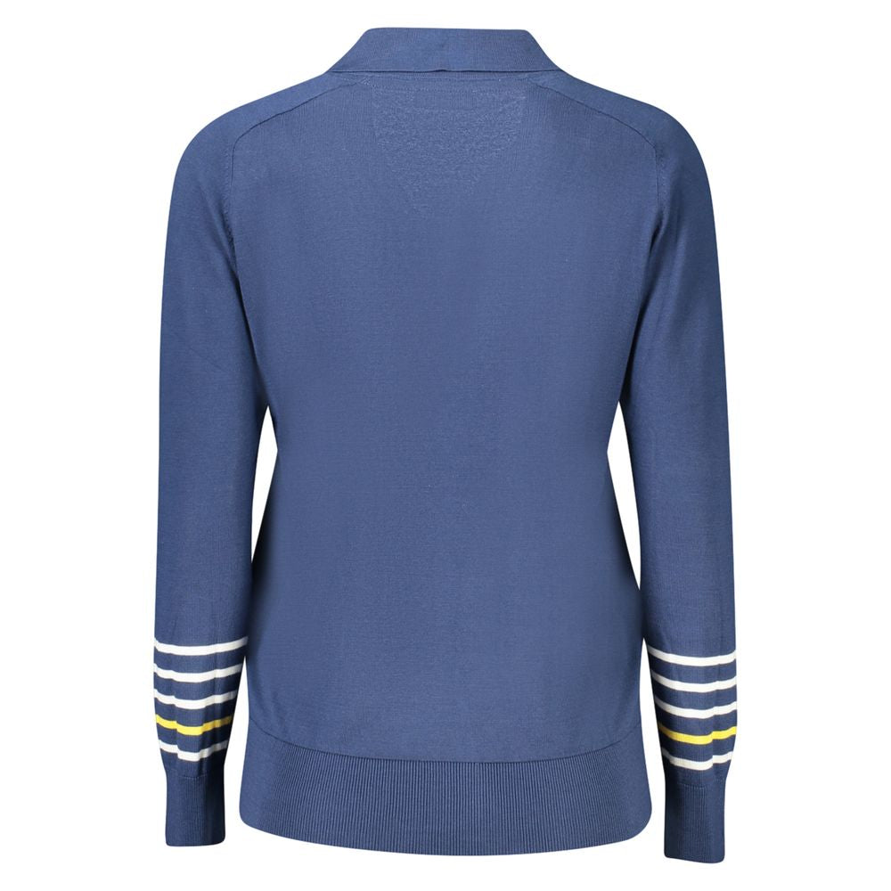 Rear view of North Sails Blue Cotton Women Sweater with striped sleeves and elegant design.