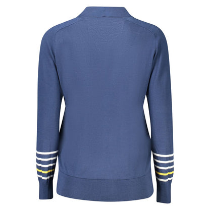 Rear view of North Sails Blue Cotton Women Sweater with striped sleeves and elegant design.