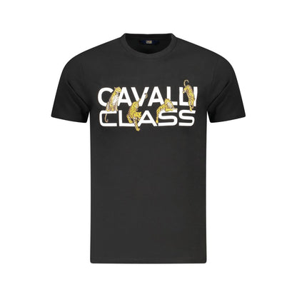 Cavalli Class Black Cotton Men T-Shirt with bold logo print featuring short sleeves and crew neck, made from exquisite cotton.