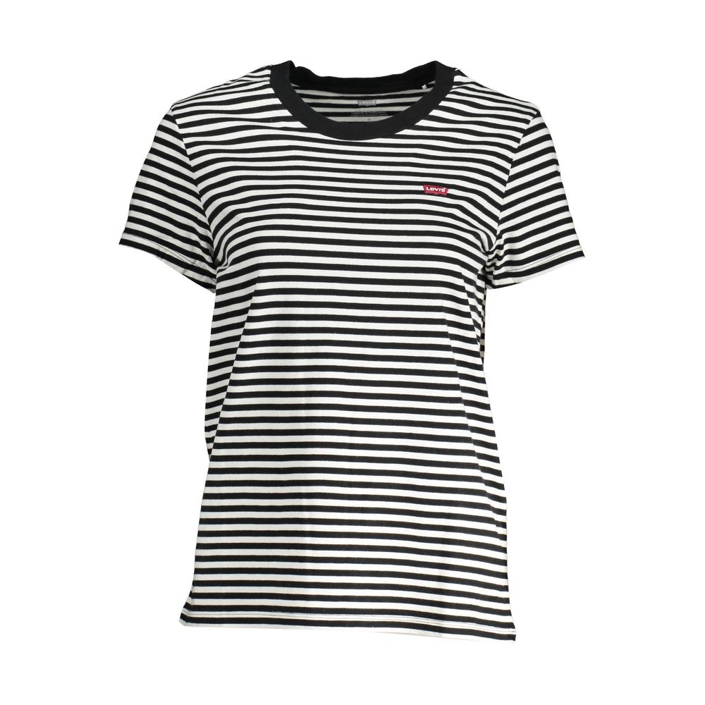 Side view of Levi's Black Cotton Women T-Shirt with striped pattern, showcasing timeless style and a bold logo for effortless fashion.