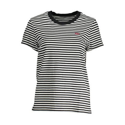 Side view of Levi's Black Cotton Women T-Shirt with striped pattern, showcasing timeless style and a bold logo for effortless fashion.