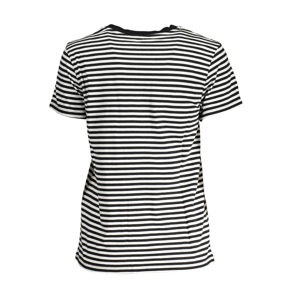 Black and white striped women's t-shirt displayed on a white background.