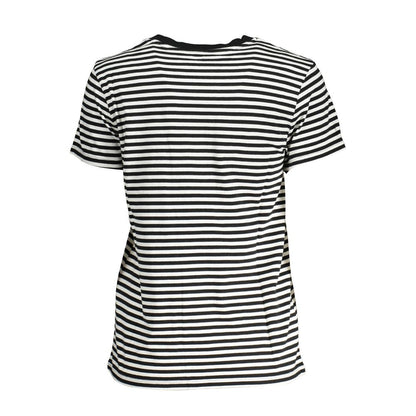 Black and white striped women's t-shirt displayed on a white background.