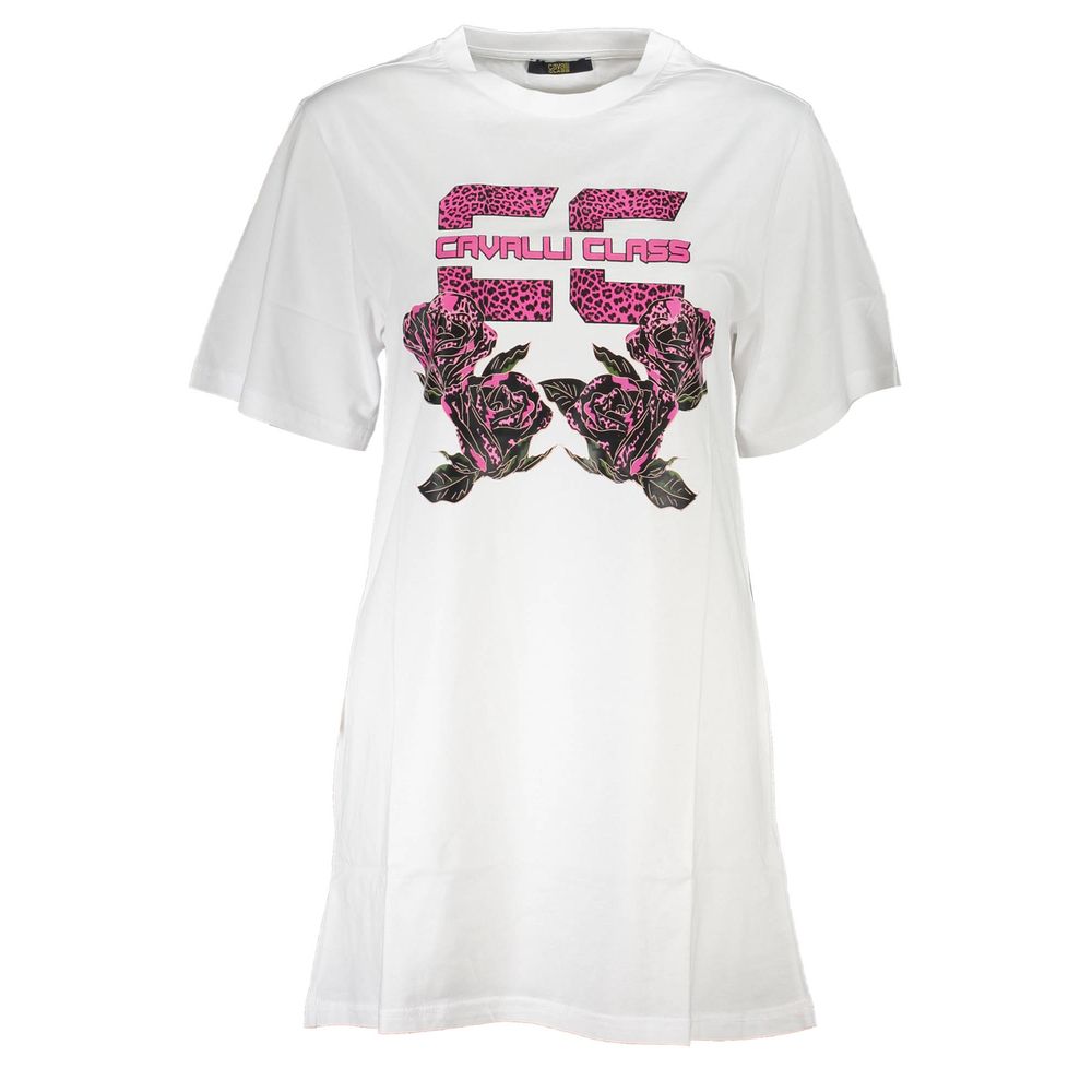 Cavalli Class White Cotton Women Dress with iconic print and embroidered logo, short sleeves and chic round neck.