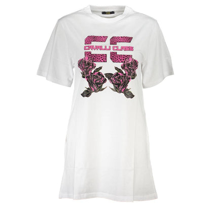 Cavalli Class White Cotton Women Dress with iconic print and embroidered logo, short sleeves and chic round neck.