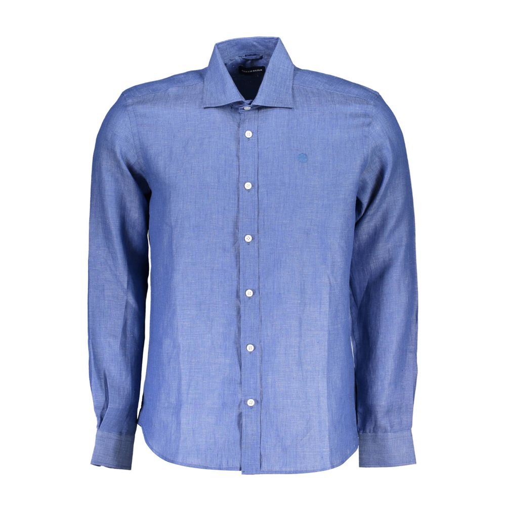 North Sails Blue Linen Men Shirt with Italian collar, crafted for modern style and sophistication, featuring subtle embroidery and logo.