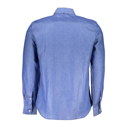North Sails Blue Linen Men Shirt with Italian collar and button cuffs, back view showcasing its elegant design.