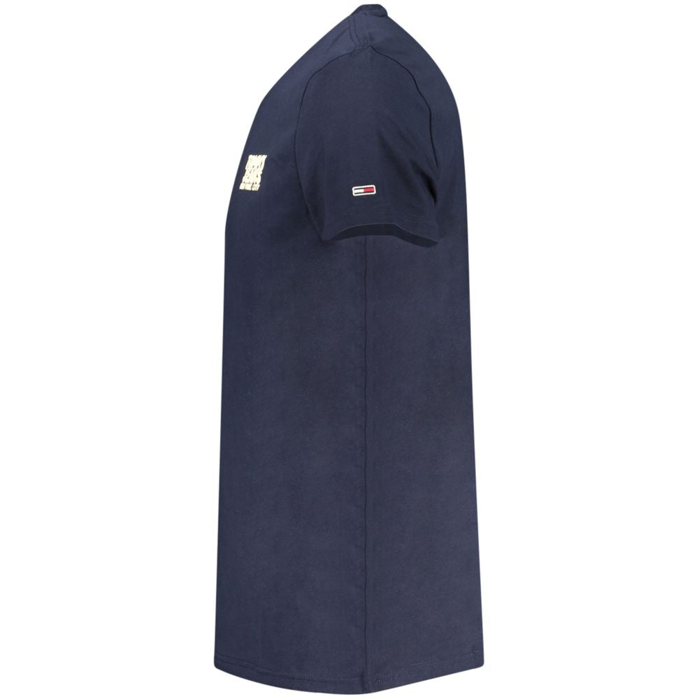 Side view of Tommy Hilfiger Blue Cotton Men T-Shirt with logo embroidery, showcasing sustainable fashion for casualwear.