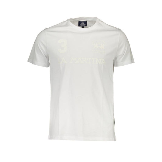 La Martina White Cotton Men T-Shirt with short sleeves and crew neck, featuring iconic La Martina logo and distinctive print.