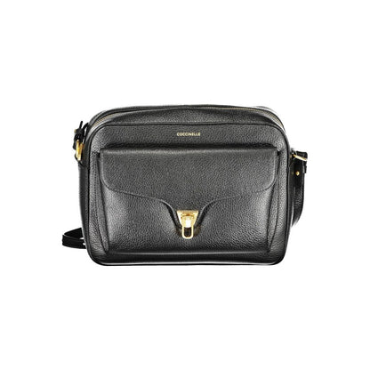 Coccinelle Black Leather Women Handbag with adjustable shoulder strap and gold turnbuckle closure for elegant organization.